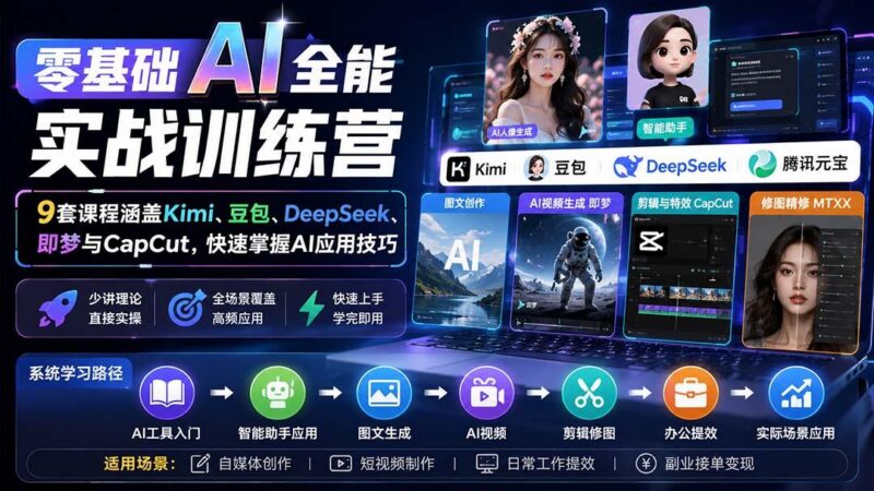 零基础AI全能实战训练营：9套课程涵盖Kimi、豆包、DeepSeek、即梦与CapCut，快速掌握AI应用技巧-三零资源