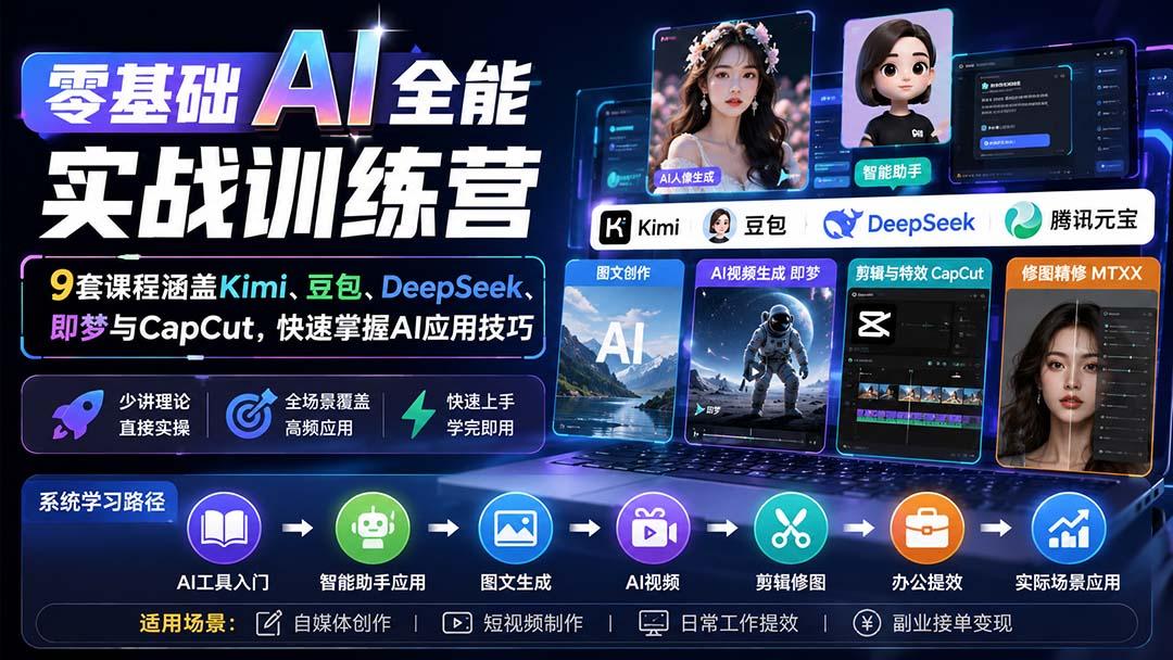 零基础AI全能实战训练营:9套课程涵盖Kimi、豆包、DeepSeek、即梦与CapCut,快速掌握AI应用技巧