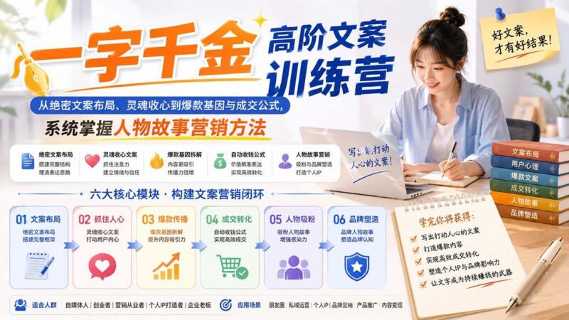 一字千金高阶文案训练营:从绝密文案布局、灵魂收心到爆款基因与成交公式,系统掌握人物故事营销方法-三零资源