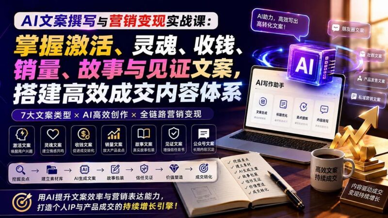 AI文案撰写与营销变现实战课:掌握激活、灵魂、收钱、销量、故事与见证文案,搭建高效成交内容体系-三零资源