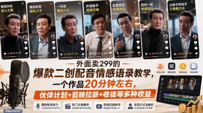 外面卖299的爆款二创配音情感语录教学,一个作品20分钟左右,伙伴计划+剪映拉新+收徒等多种收益-三零资源