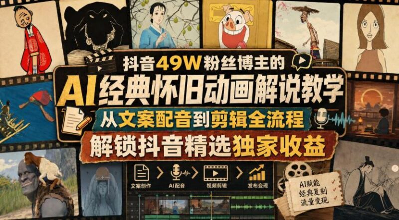 抖音49W粉丝博主的AI经典怀旧动画解说教学，从文案配音到剪辑全流程，解锁抖音精选独家收益-三零资源