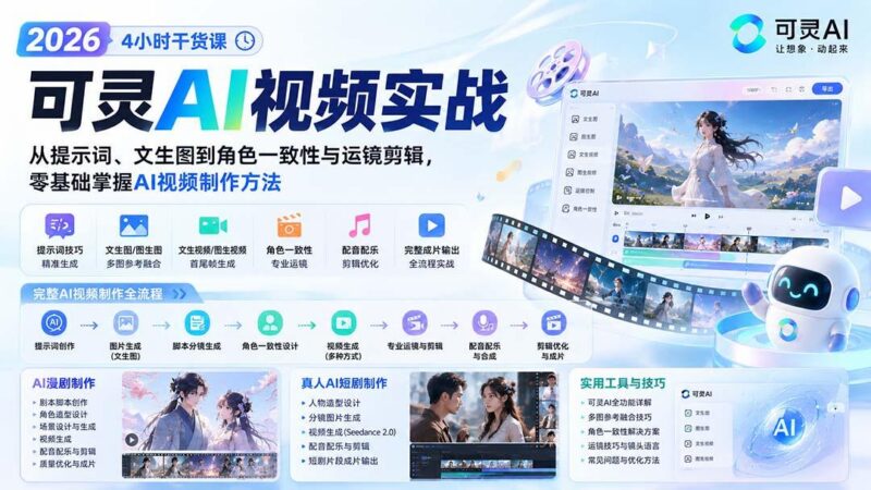 2026可灵AI视频实战-4小时干货课:从提示词、文生图到角色一致性与运镜剪辑,零基础掌握AI视频制作方法-三零资源