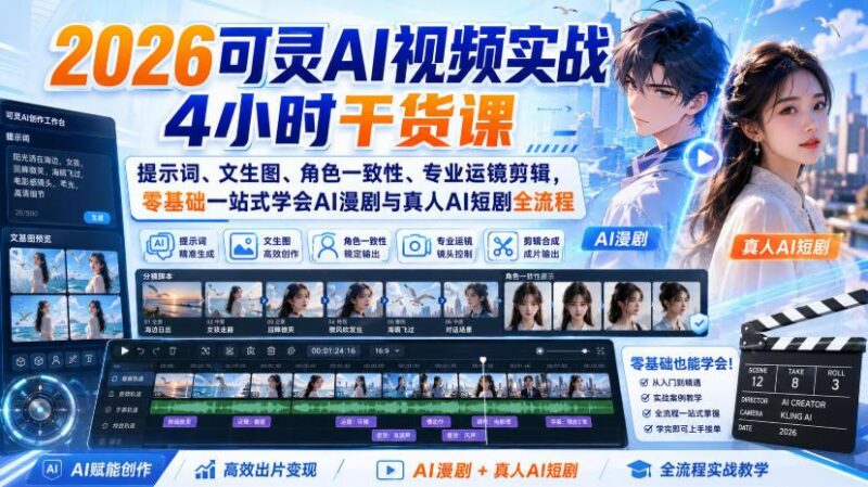2026可灵AI视频实战4小时干货课|提示词、文生图、角色一致性、专业运镜剪辑,零基础一站式学会AI漫剧与真人AI短剧全流程 三零资源-三零资源