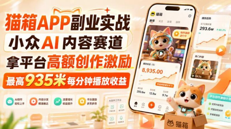 猫箱APP副业实战,小众AI内容赛道,拿平台高额创作激励,最高935米每分钟播放收益 三零资源-三零资源