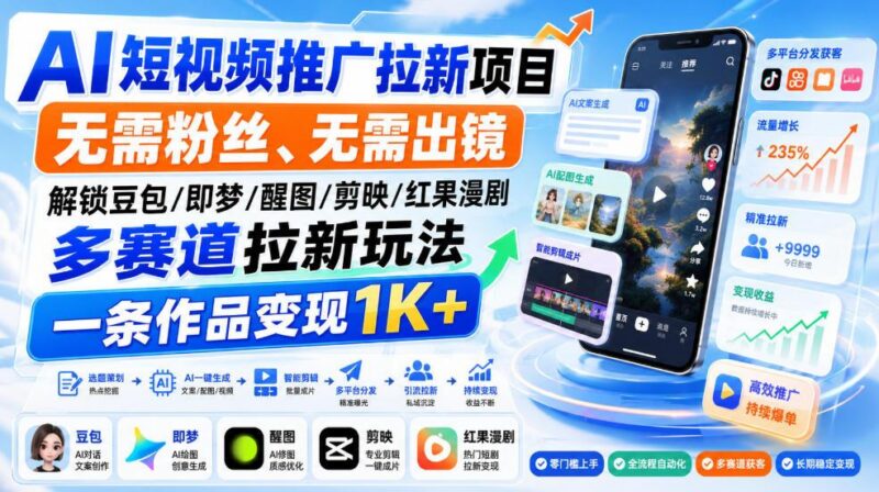 AI短视频推广拉新项目，无需粉丝、无需出镜，解锁豆包/即梦/醒图/剪映/红果漫剧多赛道拉新玩法，一条作品变现1K+-三零资源