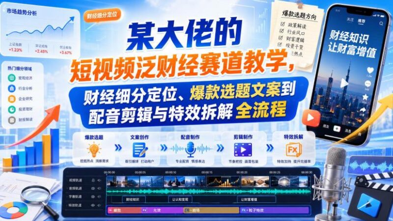某大佬的短视频泛财经赛道教学,财经细分定位、爆款选题文案到配音剪辑与特效拆解全流程-三零资源
