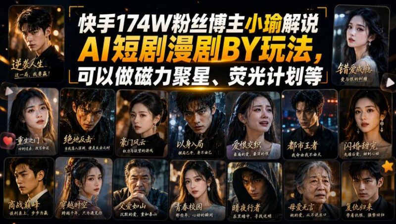 快手174W粉丝博主小瑜解说AI短剧漫剧搬运玩法,可以做磁力聚星、荧光计划等 三零资源-三零资源
