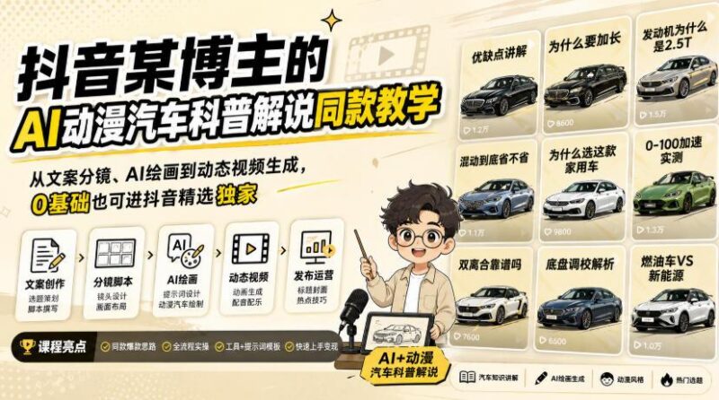 抖音某博主的AI动漫汽车科普解说同款教学,从文案分镜、AI绘画到动态视频生成,0基础解锁抖音精选独家收益-三零资源