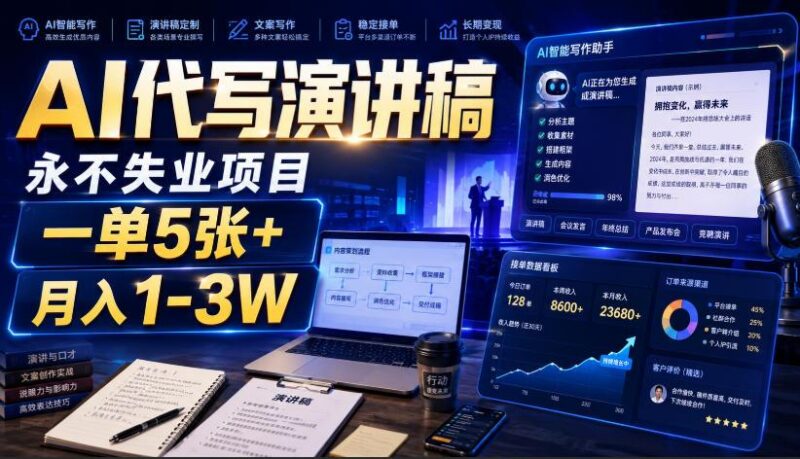 AI代写演讲稿，永不失业项目，一单5张+，月入1-3W【揭秘】-三零资源