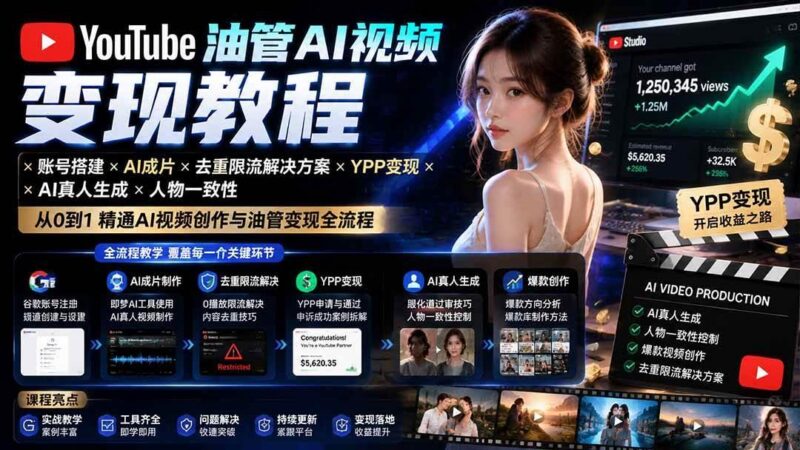 YouTube油管AI视频变现教程:账号搭建×AI成片×去重限流解决方案×YPP变现×AI真人生成×人物一致性 三零资源-三零资源