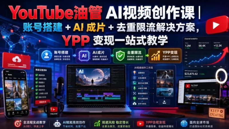 YouTube油管AI视频创作课|账号搭建+AI成片+去重限流解决方案,YPP变现一站式教学(更新0809) 三零资源-三零资源