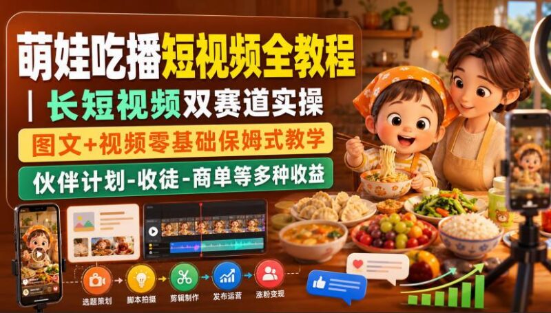 萌娃吃播短视频全教程|长短视频双赛道实操,图文+视频零基础保姆式教学,伙伴计划-收徒-商单等多种变现方式-三零资源