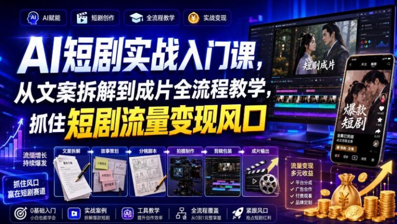 AI短剧实战入门课,从文案拆解到成片全流程教学,抓住短剧流量变现风口 三零资源-三零资源