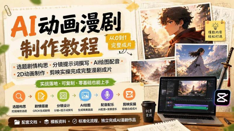 AI动画漫剧制作教程|选题剧情构思·分镜提示词撰写·AI绘图配音·2D动画制作·剪映实操完成完整漫剧成片-三零资源