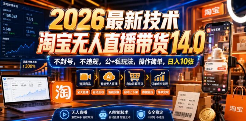 2026最新技术，淘宝无人直播带货14.0，不封号，不违规，公+私玩法，操作简单，日入10张【揭秘】-三零资源