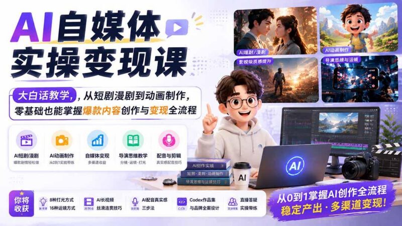 AI自媒体实操变现课|大白话教学,从短剧漫剧到动画制作,零基础也能掌握爆款内容创作与变现全流程-三零资源