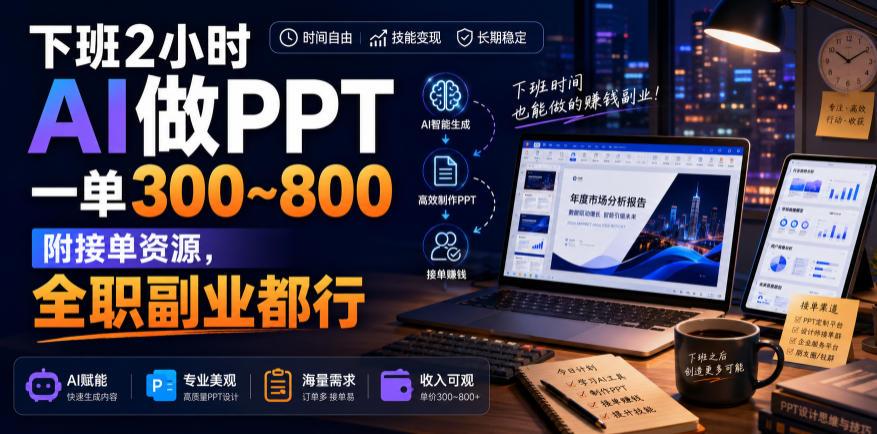 下班2小时AI做PPT,一单300~800,附接单资源,全职副业都行【揭秘】