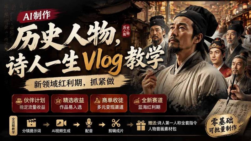 历史人物,诗人一生Vlog教学, AI制作丨伙伴计划丨精选收益丨商单收徒 ,新领域红利期,抓紧做 三零资源-三零资源