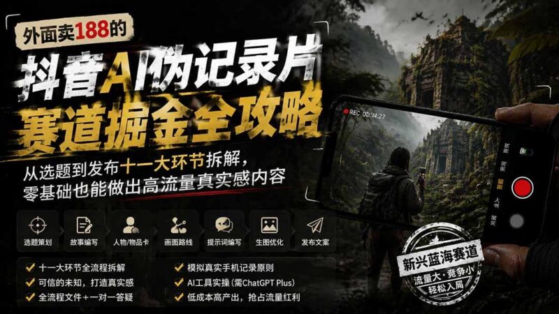 外面卖188的抖音AI伪记录片赛道掘金全攻略;从选题到发布十一大环节拆解,零基础也能做出高流量真实感内容-三零资源