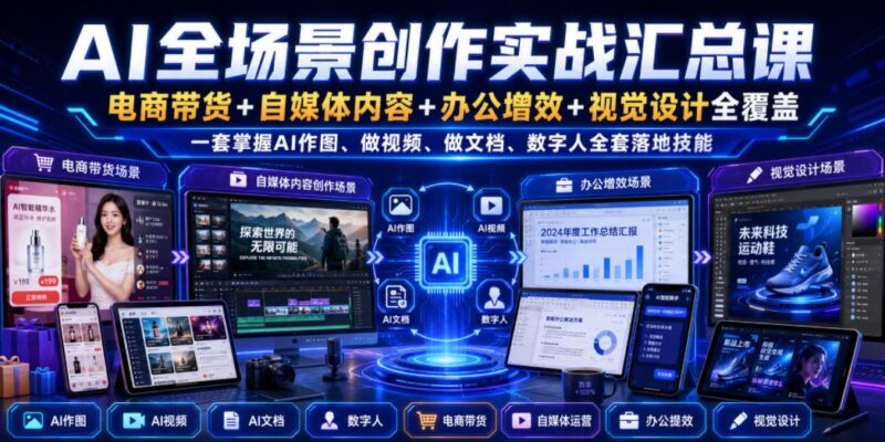 AI全场景创作实战汇总课｜电商带货+自媒体内容+办公增效+视觉设计全覆盖，一套掌握AI作图、做视频、做文档、数字人全套落地技能-三零资源