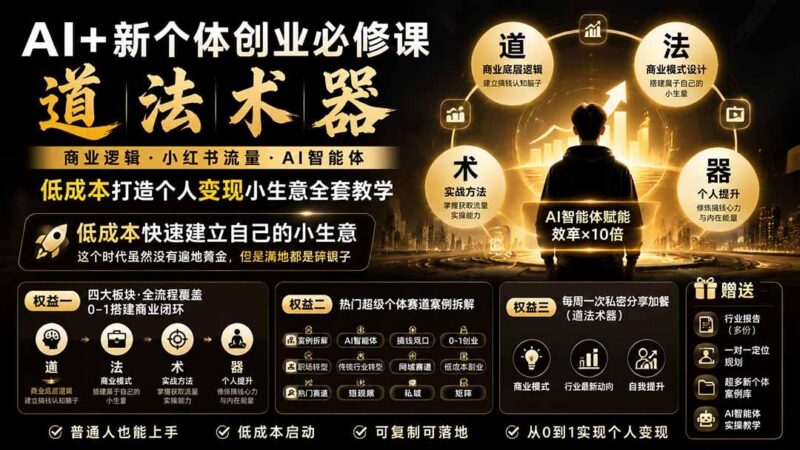 AI+新个体创业必修课|道法术器|商业逻辑·小红书流量·AI智能体|低成本打造个人变现小生意全套教学