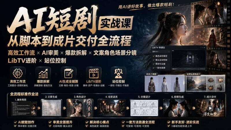 AI短剧实战课:高效工作流×AI审美×爆款拆解×文案角色场景分镜×LibTV进阶×站位控制×从脚本到成片交付全流程-三零资源