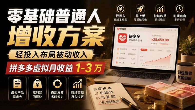 零基础普通人增收方案,轻投入布局被动收入,多多虚拟月收益 1-3 万-三零资源