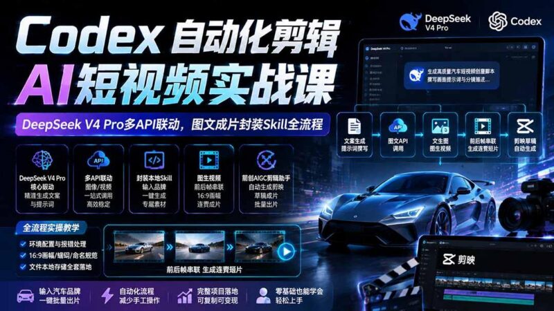 Codex自动化剪辑AI短视频实战课|DeepSeek V4 Pro多API联动,图文成片封装Skill全流程-三零资源