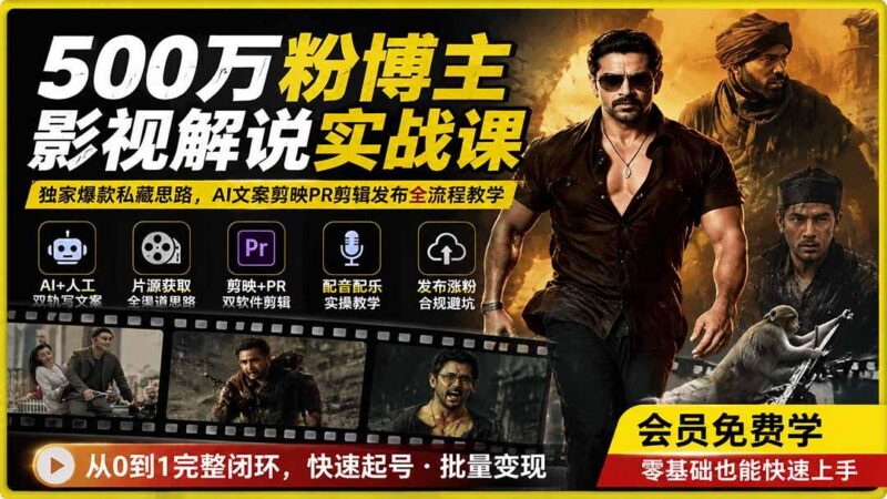 500万粉博主影视解说实战课|独家爆款私藏思路,AI文案剪映PR剪辑发布全流程教学-三零资源