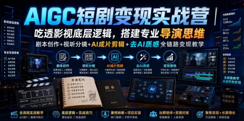 AIGC短剧变现实战营｜吃透影视底层逻辑，搭建专业导演思维，剧本创作+视听分镜+AI成片剪辑+去AI质感全链路变现教学-三零资源
