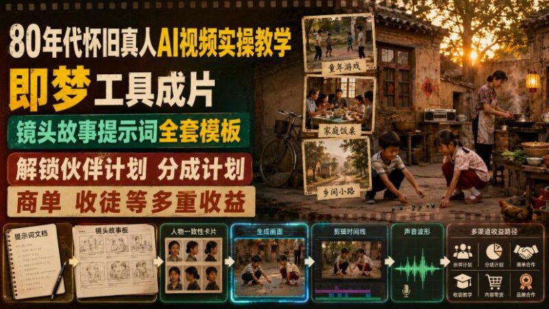 80年代怀旧真人AI视频实操教学,即梦工具成片、镜头故事提示词全套模板,解锁伙伴计划分成计划商单收徒等多重收益 三零资源-三零资源