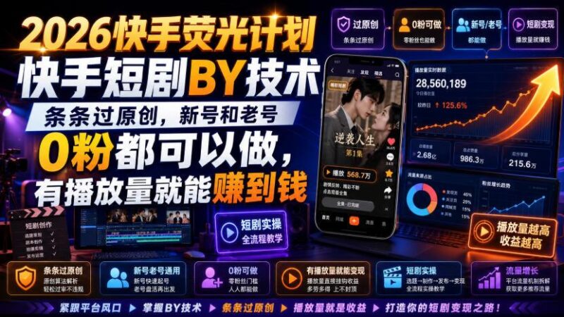 2026快手荧光计划,快手短剧搬运技术,条条过原创,新号和老号0粉都可以做,有播放量就能賺到钱 三零资源-三零资源