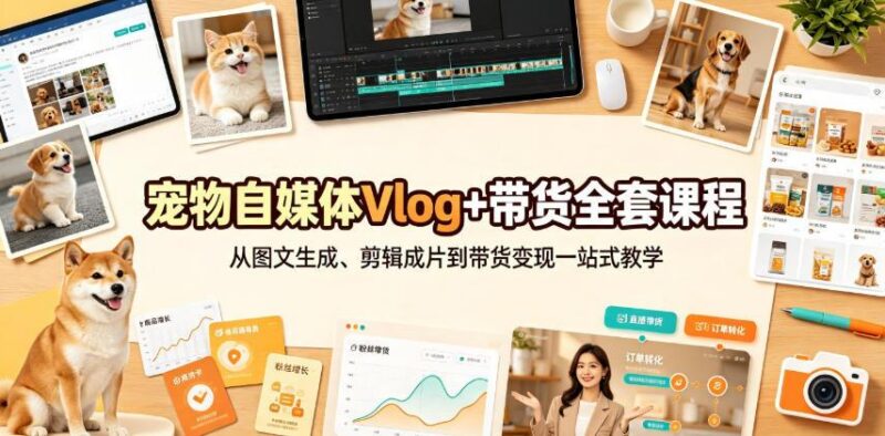 宠物自媒体Vlog+带货全套课程|从图文生成、剪辑成片到带货变现一站式教学-三零资源