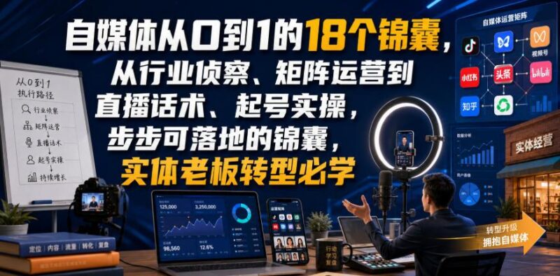 自媒体从0到1的18个锦囊，从行业侦察、矩阵运营到直播话术、起号实操，步步可落地的锦囊，实体老板转型必学-三零资源