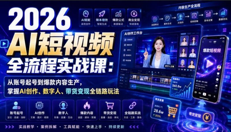 2026 AI短视频全流程实战课：从账号起号到爆款内容生产，掌握AI创作、数字人、带货变现全链路玩法 三零资源-三零资源