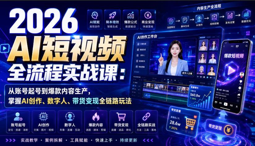 2026 AI短视频全流程实战课：从账号起号到爆款内容生产，掌握AI创作、数字人、带货变现全链路玩法