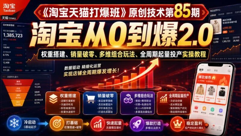 《淘宝天猫打爆班》原创技术第85期,淘宝从0到爆2.0,权重搭建、销量破零、多维组合玩法、全周期起量投产实操教程 三零资源-三零资源