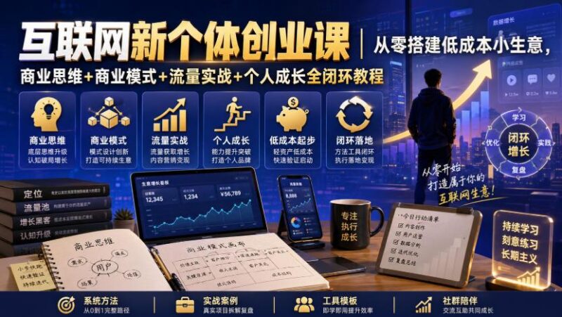 互联网新个体创业课｜从零搭建低成本小生意，商业思维+商业模式+流量实战+个人成长全闭环教程-三零资源