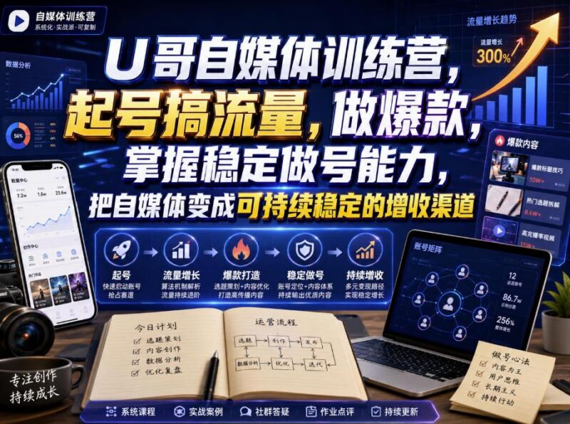 U哥自媒体训练营,起号搞流量,做爆款,掌握稳定做号能力,把自媒体变成可持续稳定的增收渠道 三零资源-三零资源