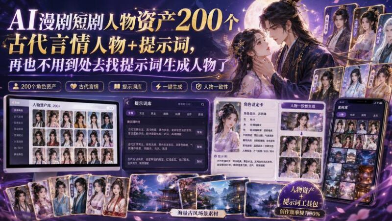 AI漫剧短剧人物资产200个古代言情人物+提示词,再也不用到处去找提示词生成人物了 三零资源-三零资源