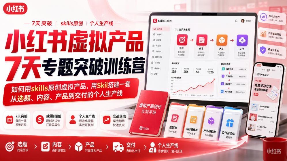 小红书虚拟产品7天专题突破训练营,如何用skills原创虚拟产品,用Skil搭建一套从选题、内容、产品到交付的个人生产线