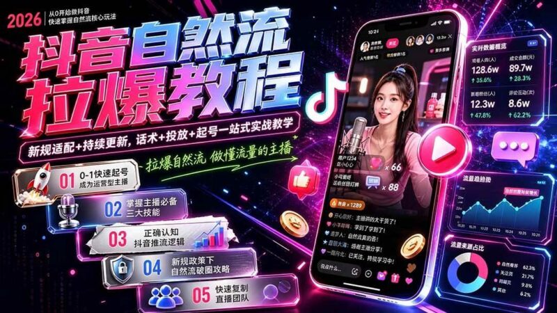 抖音自然流拉爆教程-更新7月：做懂流量的主播，新规适配+持续更新，话术+投放+起号一站式实战教学-三零资源