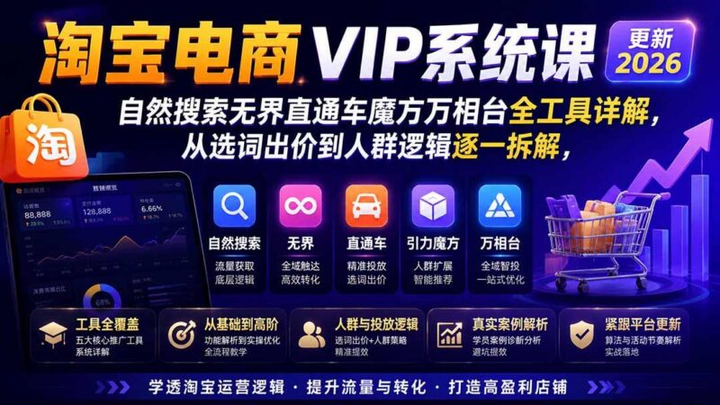 淘宝电商VIP系统课-更新8月；自然搜索无界直通车魔方万相台全工具详解，从选词出价到人群逻辑逐一拆解-三零资源