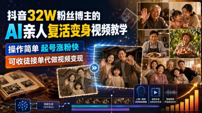 抖音32W粉丝博主的AI亲人复活变身视频教学，操作简单，起号涨粉快，可收徒接单代做视频变现-三零资源