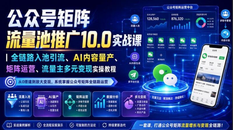 公众号矩阵流量池推广10.0实战课｜全链路入池引流、AI内容量产、矩阵运营、流量主多元变现实操教程-三零资源