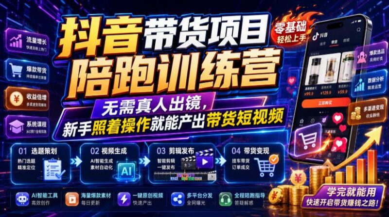 抖音带货项目陪跑训练营，无需真人出镜，新手照着操作就能产出带货短视频(更新0811) 三零资源-三零资源