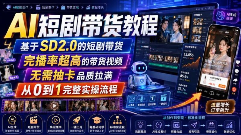 AI短剧带货教程，基于SD2.0的短剧带货，完播率超高的带货视频，无需抽卡品质拉满，从0到1完整实操流程-三零资源