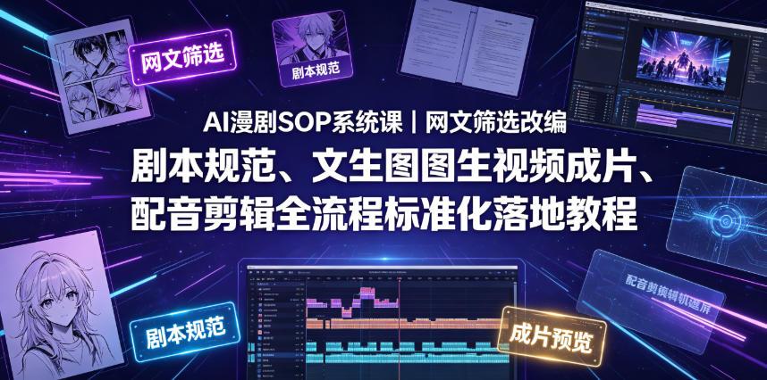 AI漫剧SOP系统课|网文筛选改编、剧本规范、文生图图生视频成片、配音剪辑全流程标准化落地教程(更新0810)