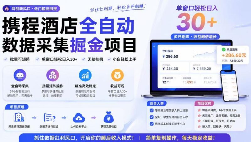 携程酒店采集挂G项目,批量可矩阵,单机轻松日入300+,开启你的睡后收入模式!【揭秘】 三零资源-三零资源